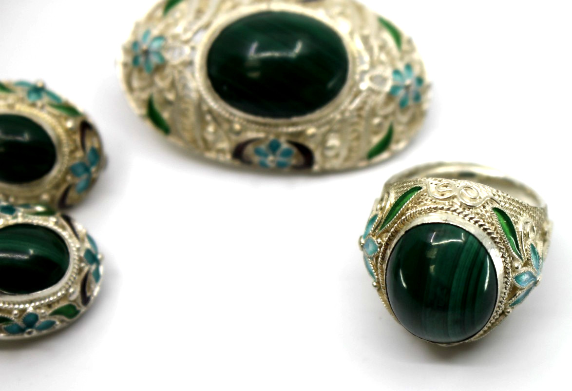 Vintage Chinese Export 925 Silver Enamel Malachite Brooch Earrings Ring Set