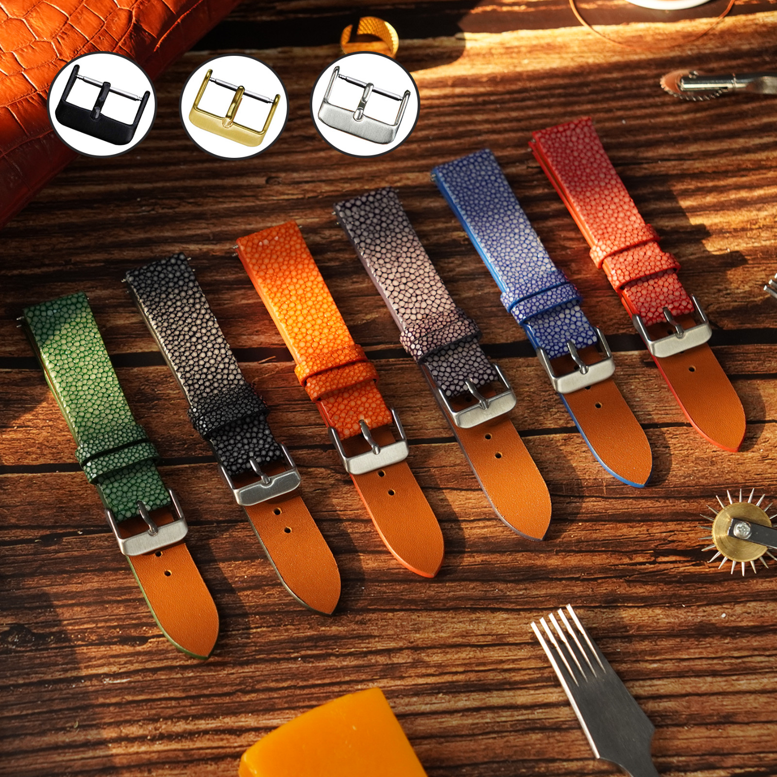 22mm Black Stingray Leather Watch Band Men Genuine Watch Strap Silver Buckle