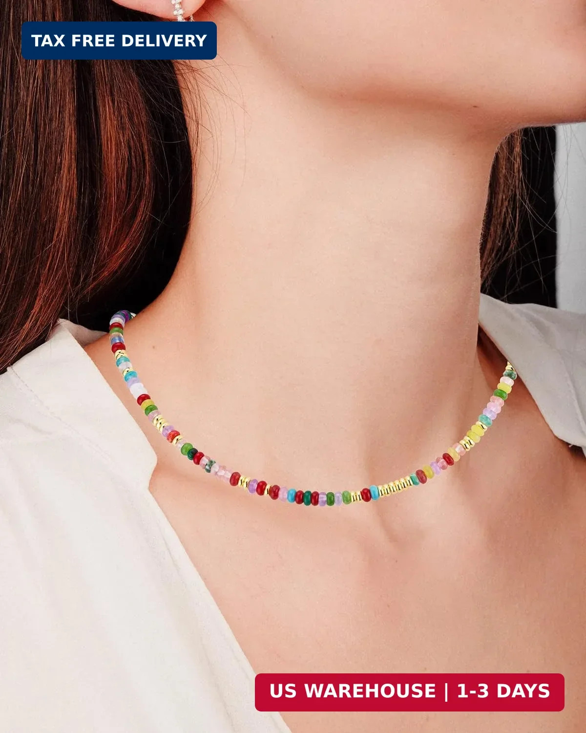 Boho Beaded Necklace for Women, Colorful Natural Stone Choker Necklace, 4MM