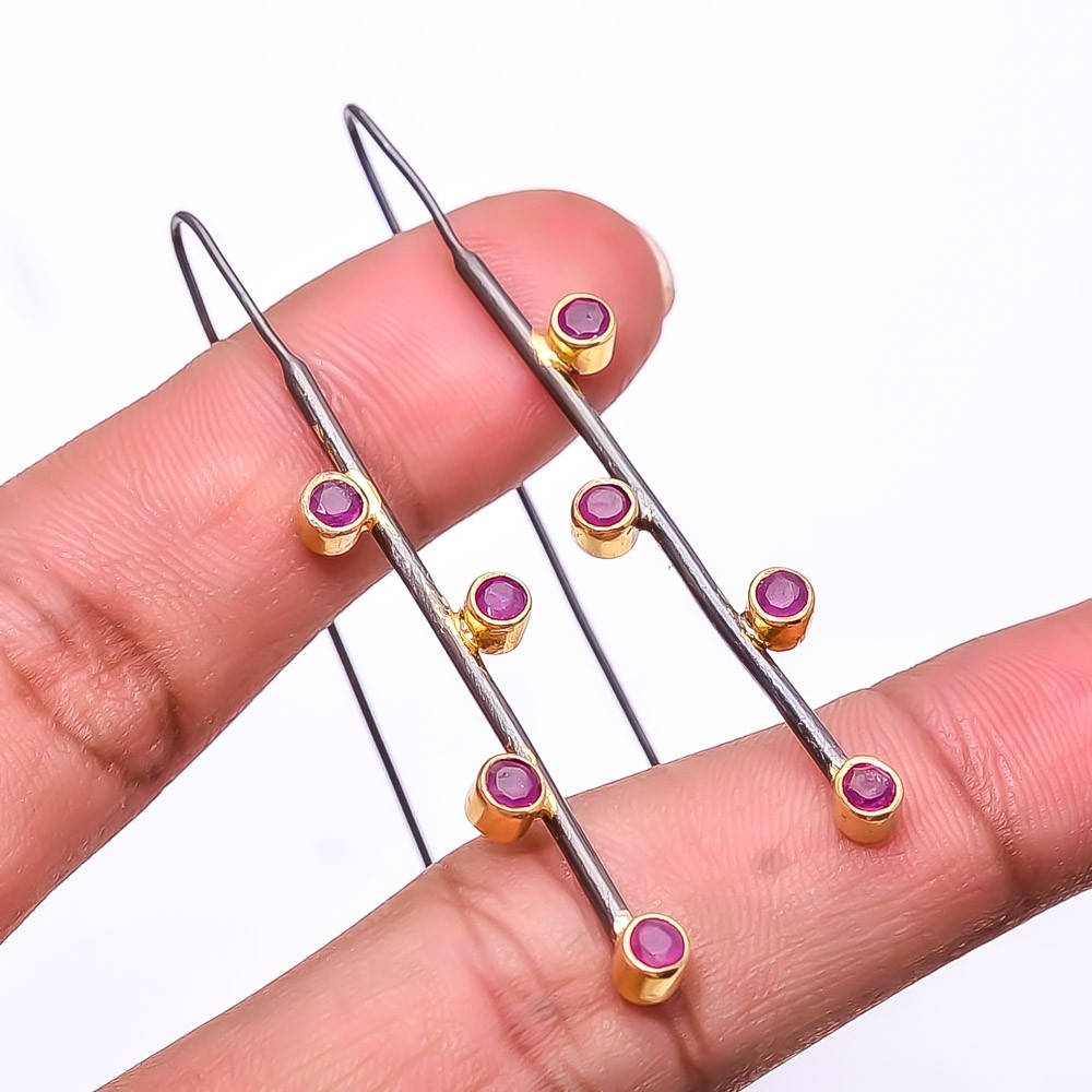 Ruby -Mozambique -Simulated 925 Silver Black And Gold Plated Earring 2.15″ E9452