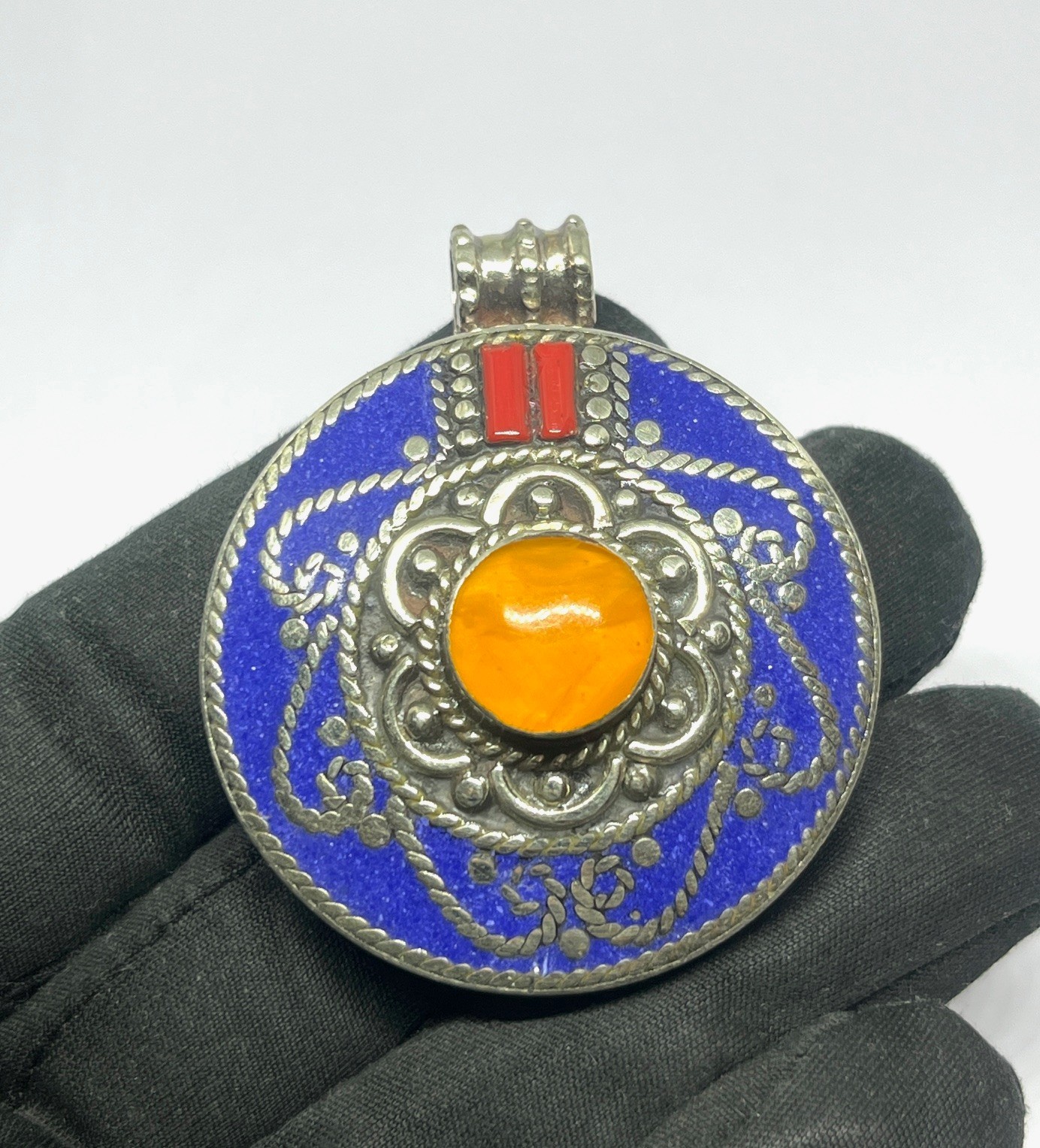 Art Deco Lapis Lazuli Amber Gemstone Tibetan Style Pendant Jewelry, 2.0 inch