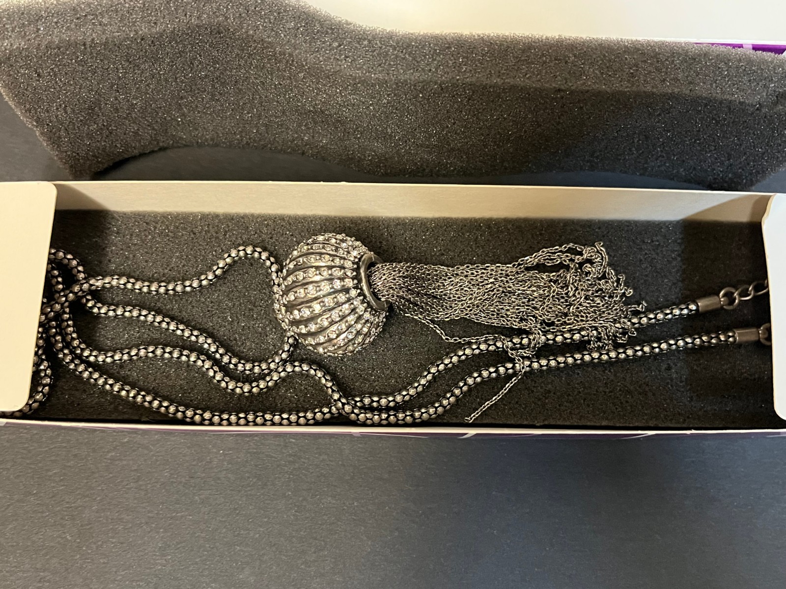 Lia Sophia “Morocco” Silver Tone w/Cut Crystals Tassel Necklace 32-35″