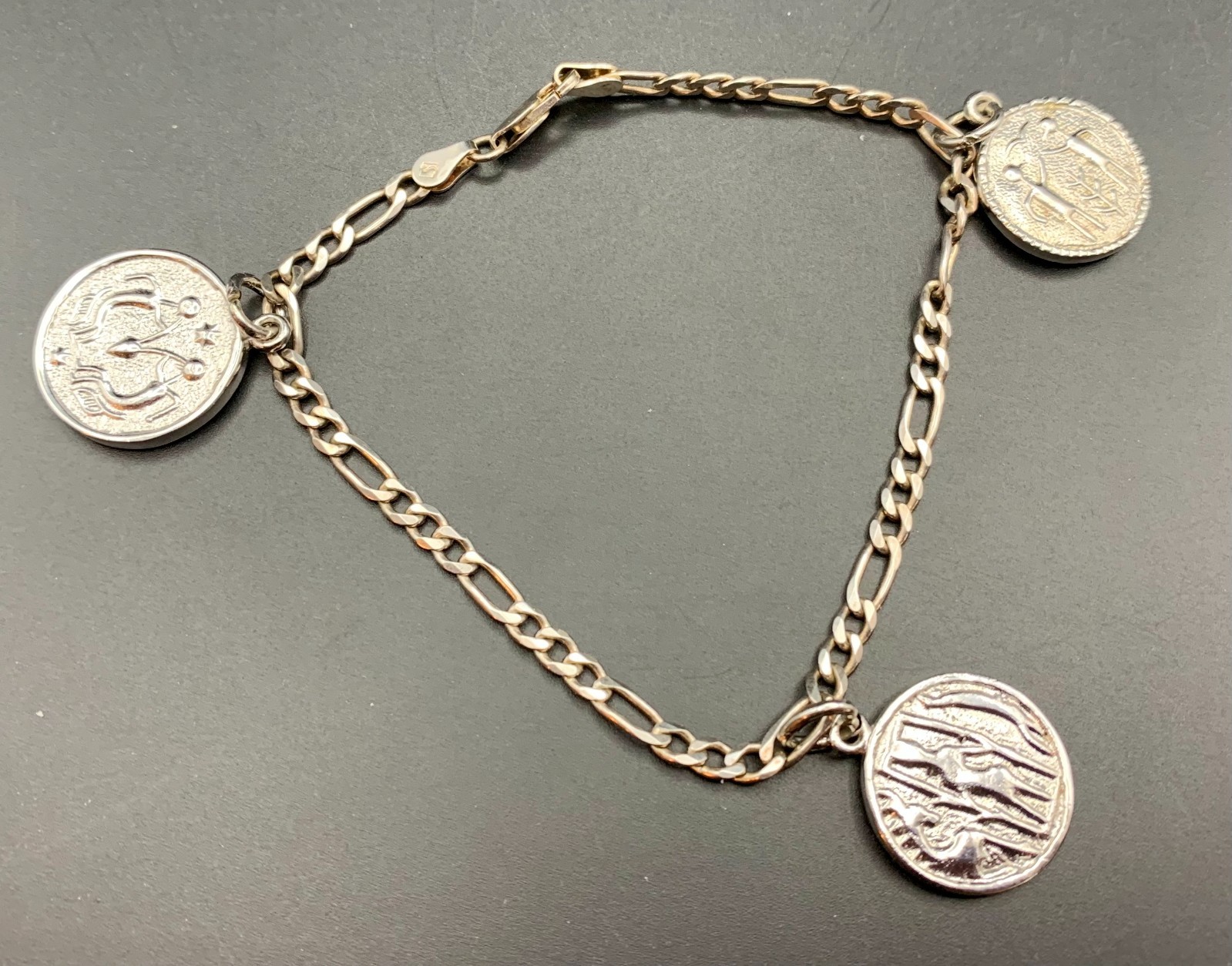 Vintage Italy 925 Figaro Chain Bracelet With Zodiac Style Charms 8.25″
