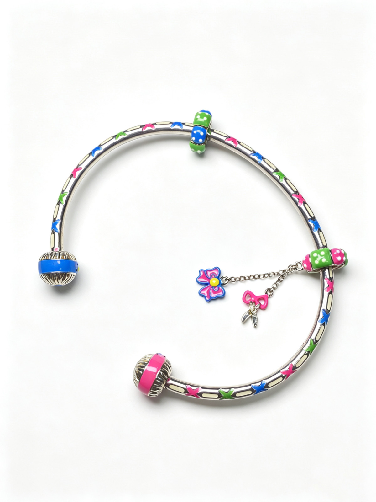 Sterling silver yarn ball bangle with stoppers cuff bracelet fit wrist 15-17cm