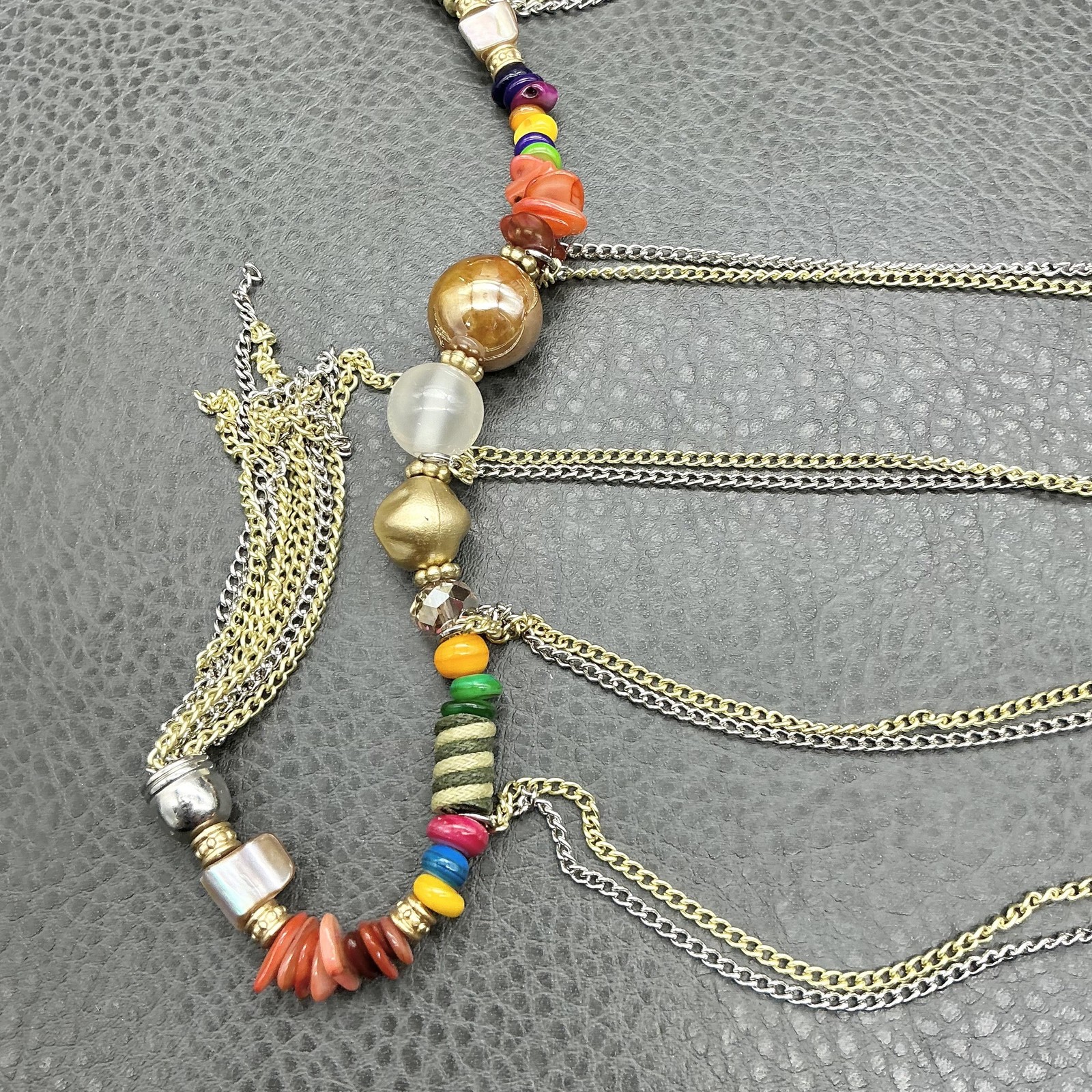 Jessica Simpson Necklace Multi Strand Bead Women Gold Tone Chain Colorful Boho