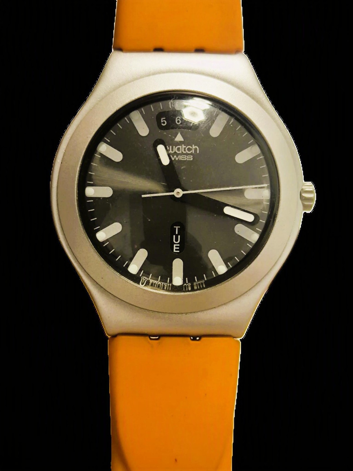 Vintage Swatch Irony Aluminium Watch – Year 2000 – Orange Strap – Day & Date Swi