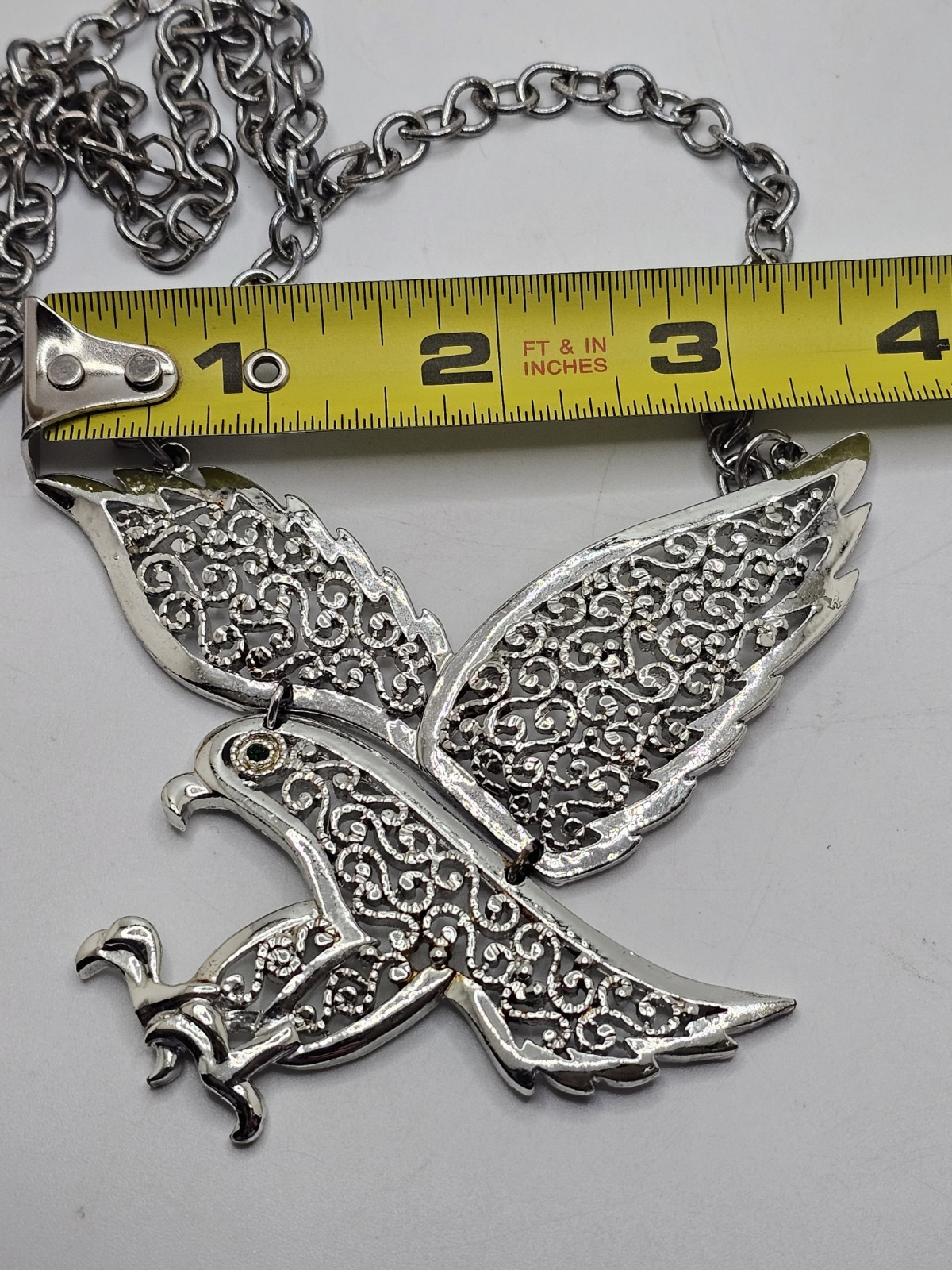 Vintage Gold Crown Signed Silvertone Eagle Statement Necklace Emerald Green Eye