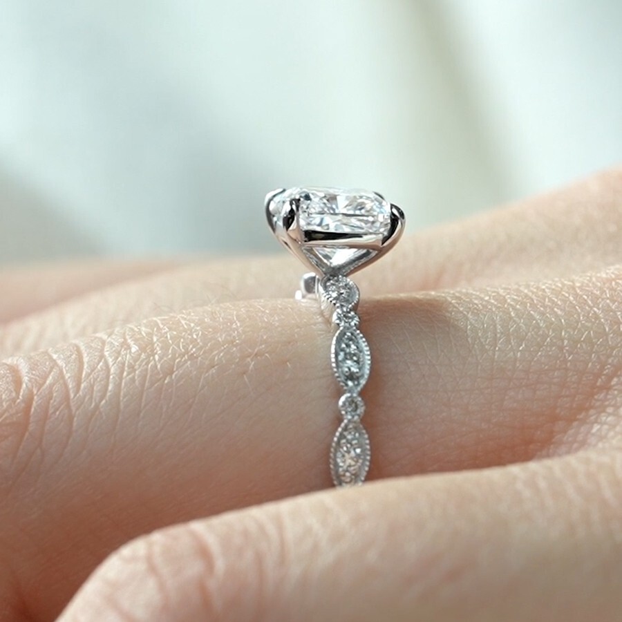 2.09 TCW Cushion Cut Moissanite Milgrain Engagement Ring 14k White Gold Plated
