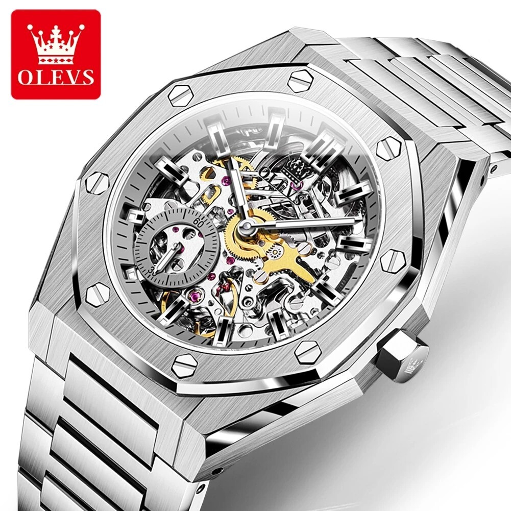 Automatic Mechanical Waterproof Luxury OLEVS Watch Skeleton Men Men’s Strap