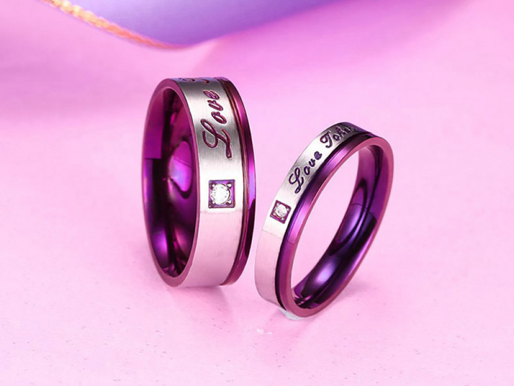 Simple Fashion Stainless Steel Purple Inlaid Diamond Couple Ring Jewelry Gift
