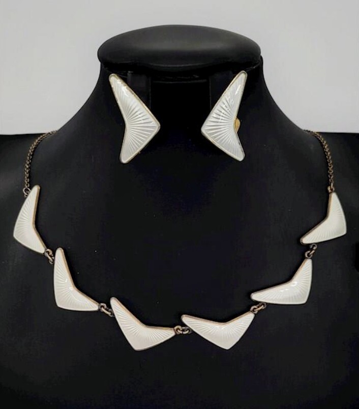 Mid 20th Century Silver/White Enamel Necklace W/Matching Earrings by H C Ostrem