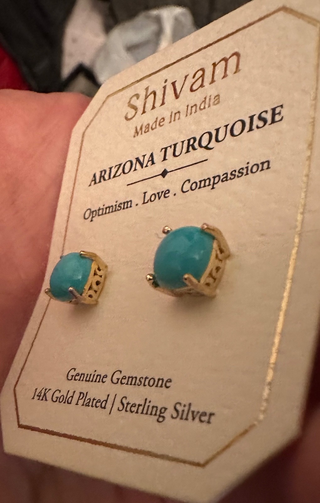 Shivam 14K Gold/Sterling Silver Blue Genuine Arizona Turquoise Stud Earrings~New