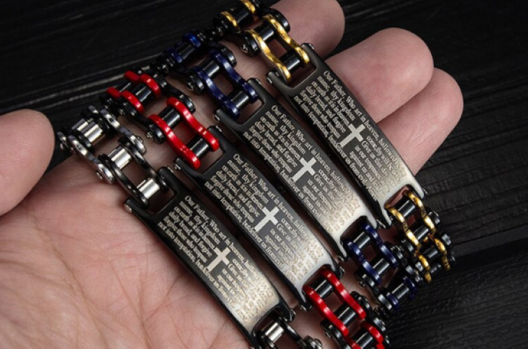 Lord’s Prayer Armor of God Wristband Bike Chain Stainless Steel Cross Bracelet