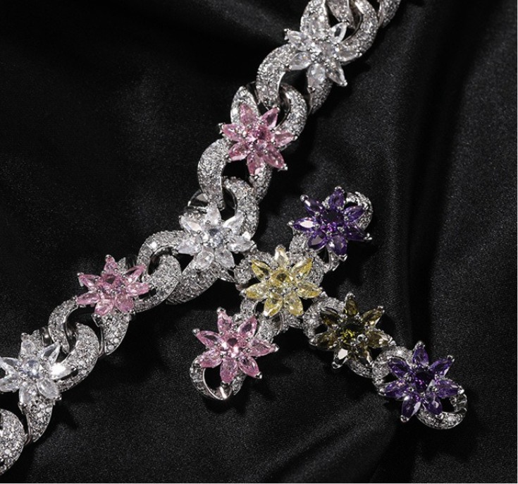 Bling Rainbow Colored CZ Floral Cross Necklace Heavy Gold Plated Hip-hop Chain