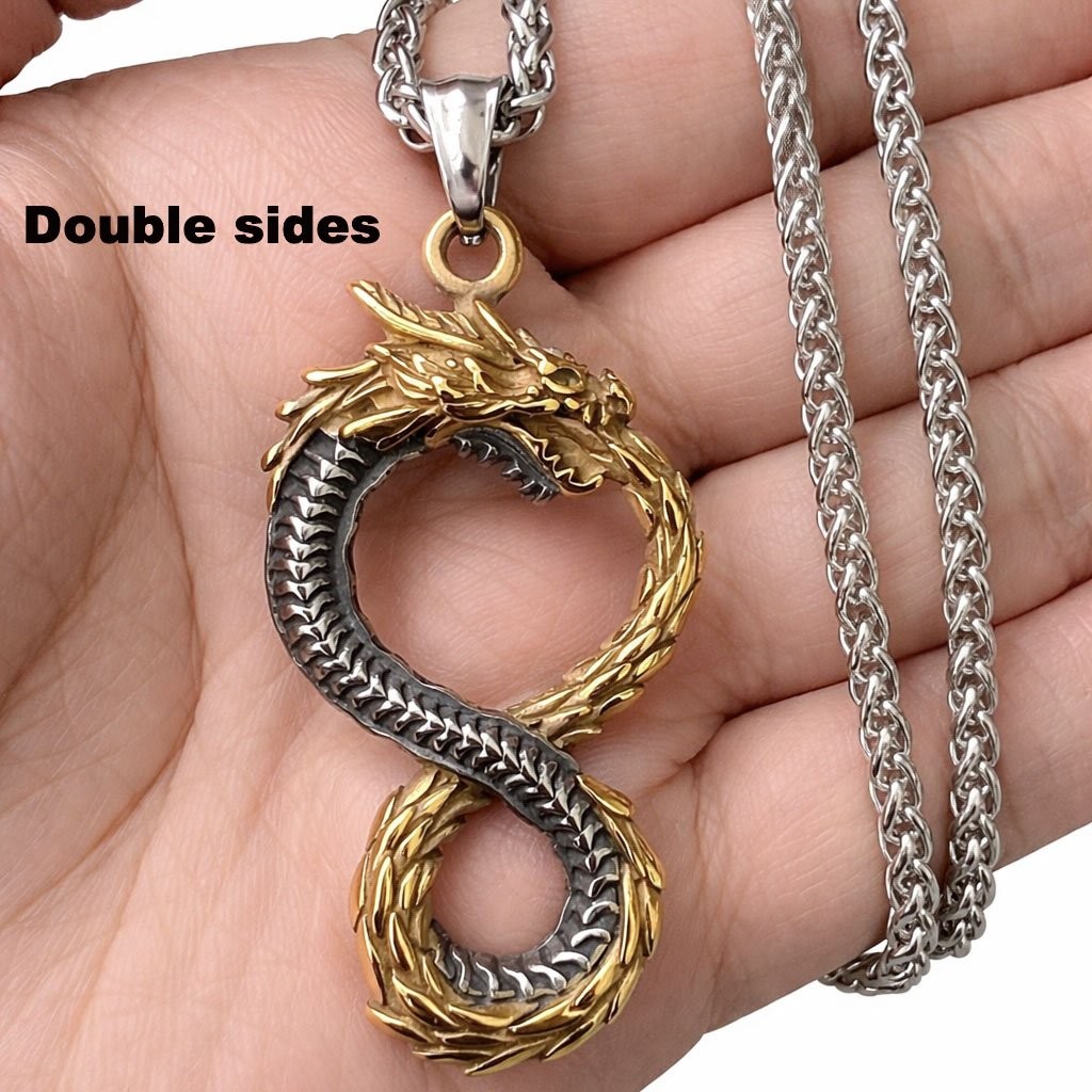 JXC Mens Womens Gold Two Tone Infinity Chinese Dragon Ouroboros Pendant Necklace