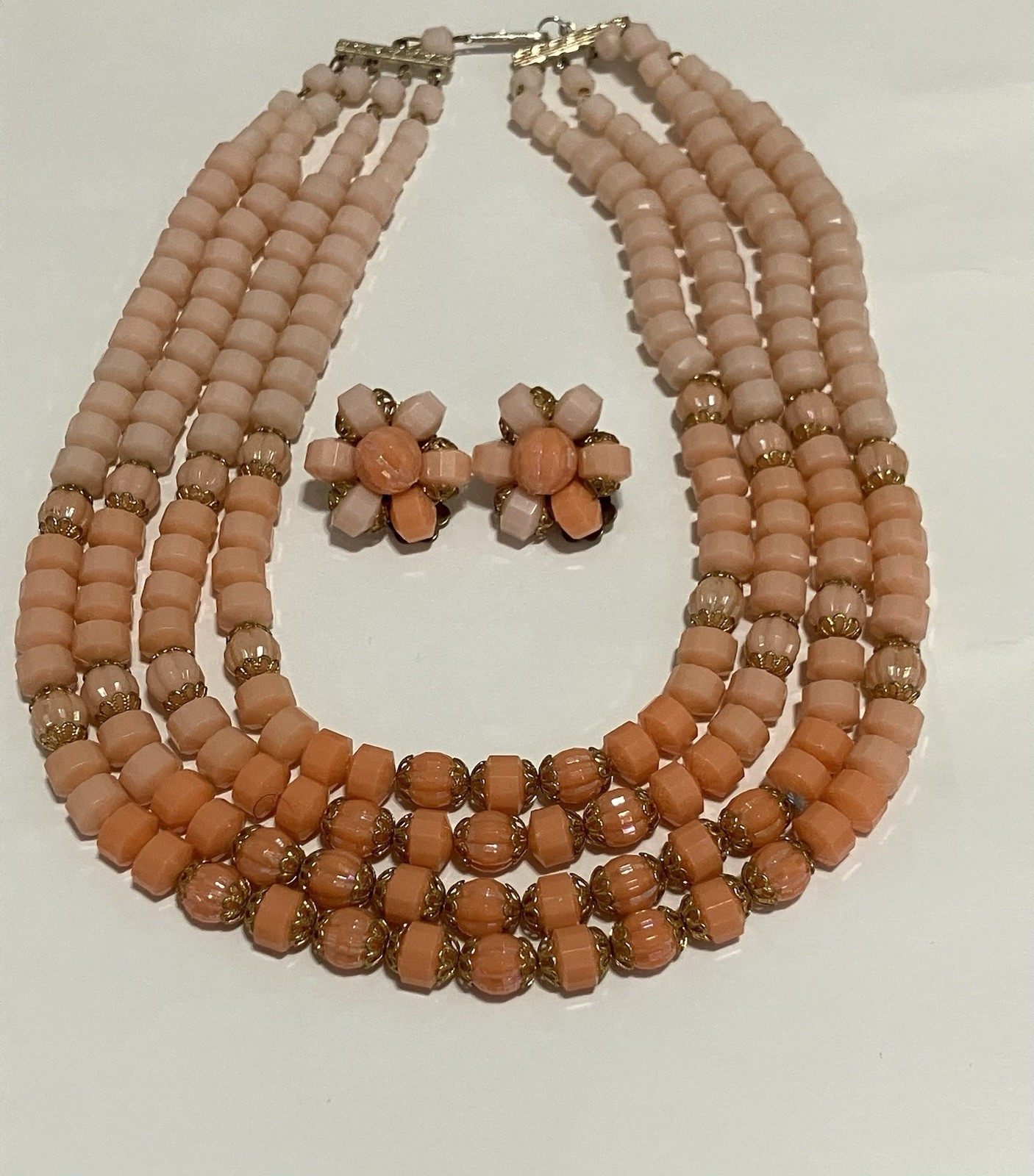 Vintage Style Pink And Peach Necklace And Clip On Earring Costume Jewelry Set