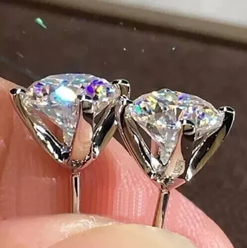 Round Cut 2Ct Real Moissanite Solitaire Stud Earrings 14K White Gold Plated