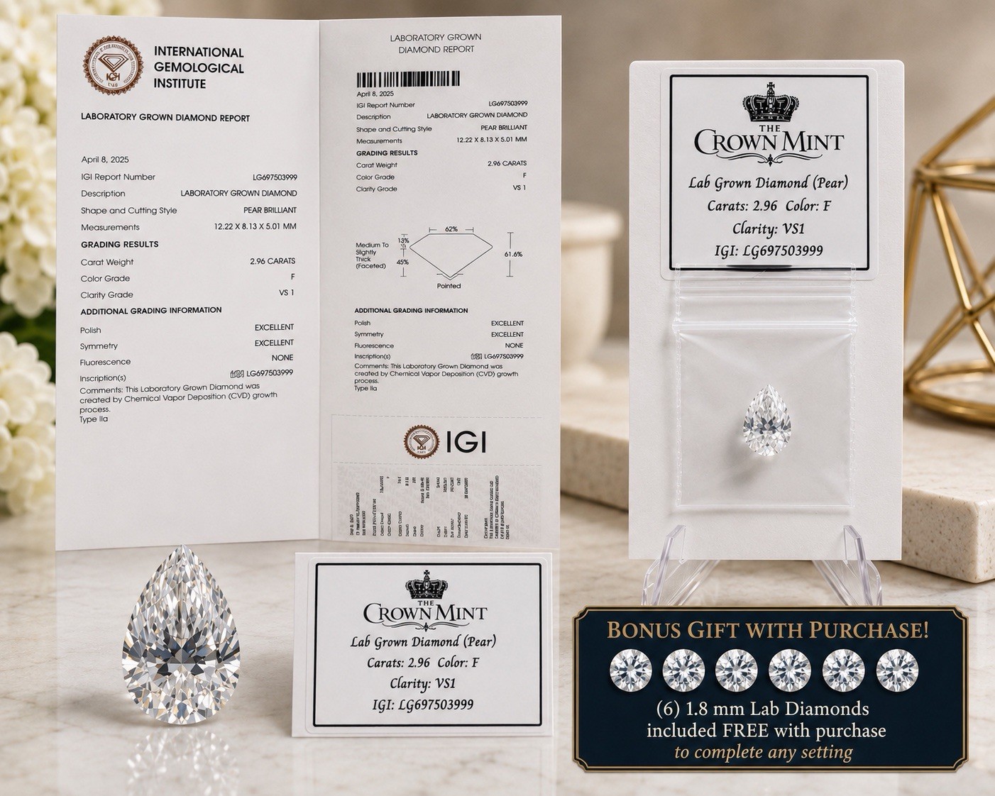 2.96 Ct IGI Certified Lab Grown Diamond Pear Brilliant F VS1 Excellent Cut