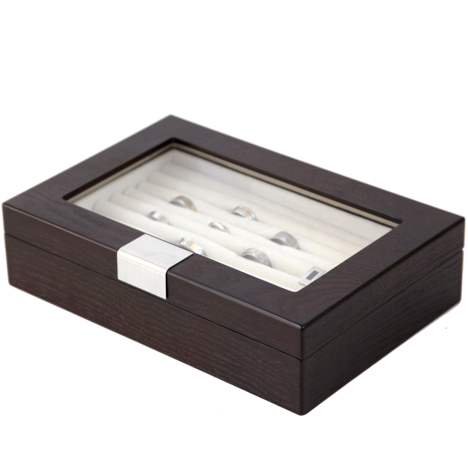 Ring Cufflink Box Storage Brown Wood Grain Finish Glass Window