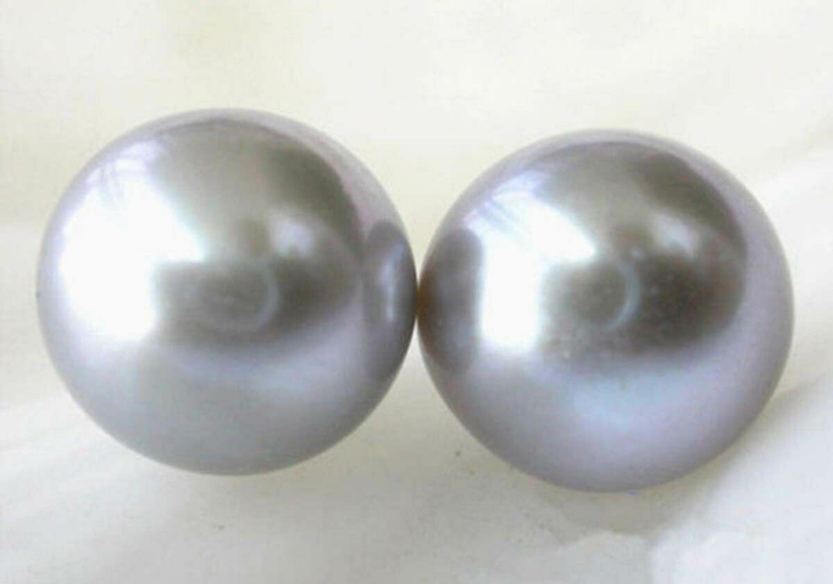 Genuine Natural 11-12MM Akoya Grey Freshwater Pearl Gold Stud Earrings