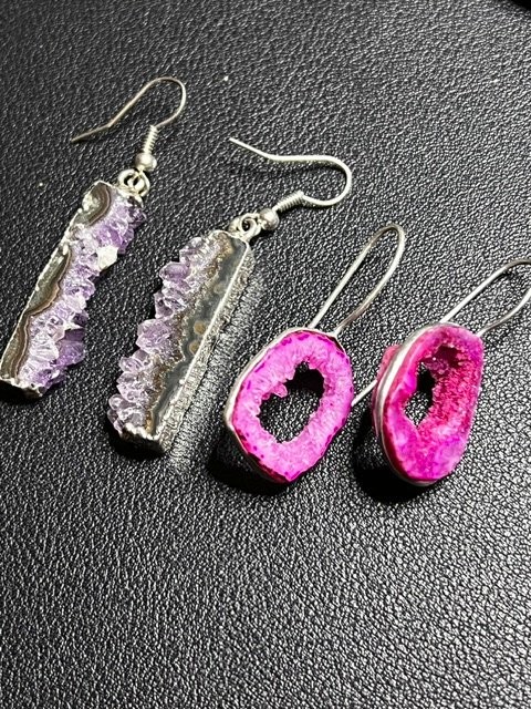 B6291 2pr Amethyst Geode & Hot Pink Agate Druzy Dangle Earrings Crystal Silvertn
