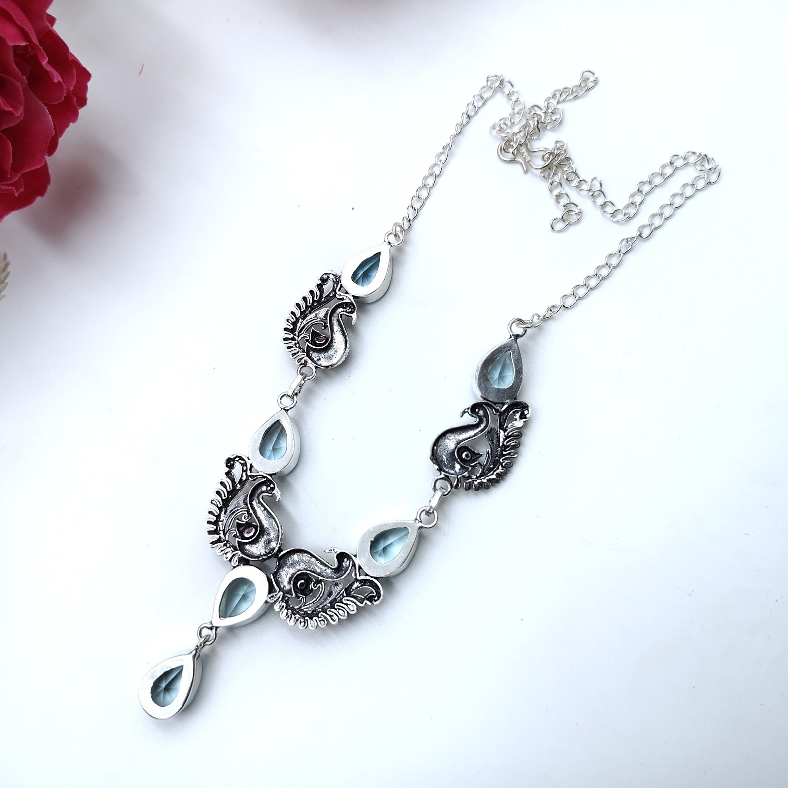 Blue Aquamarine Gemstone Handmade 925 Sterling Silver Jewelry Necklace Sz-17-18″