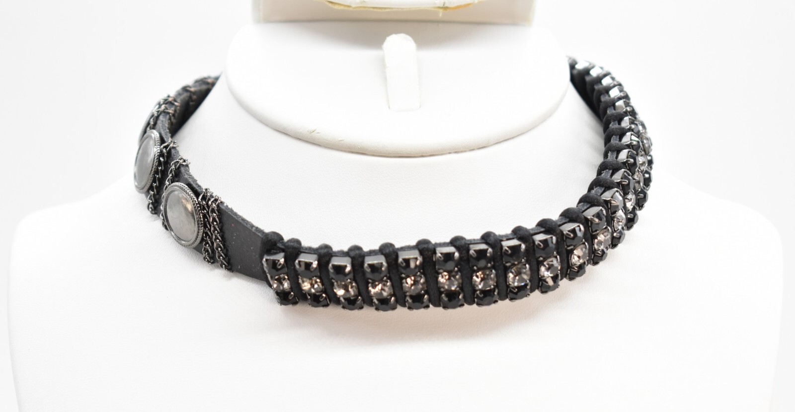 14″ Black Leather Enamel Button & Rhinestone Wrapped Choker Necklace Collar
