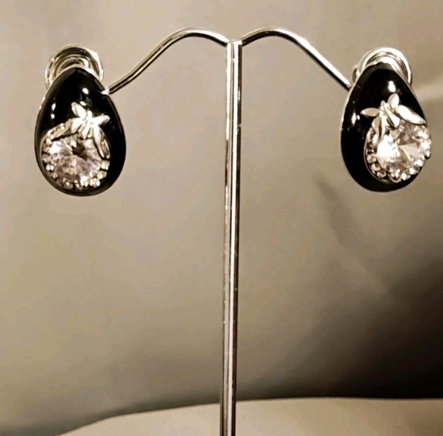 Silver Tone Black Enamel CZ with Butterfly Accent Latch Back Earrings