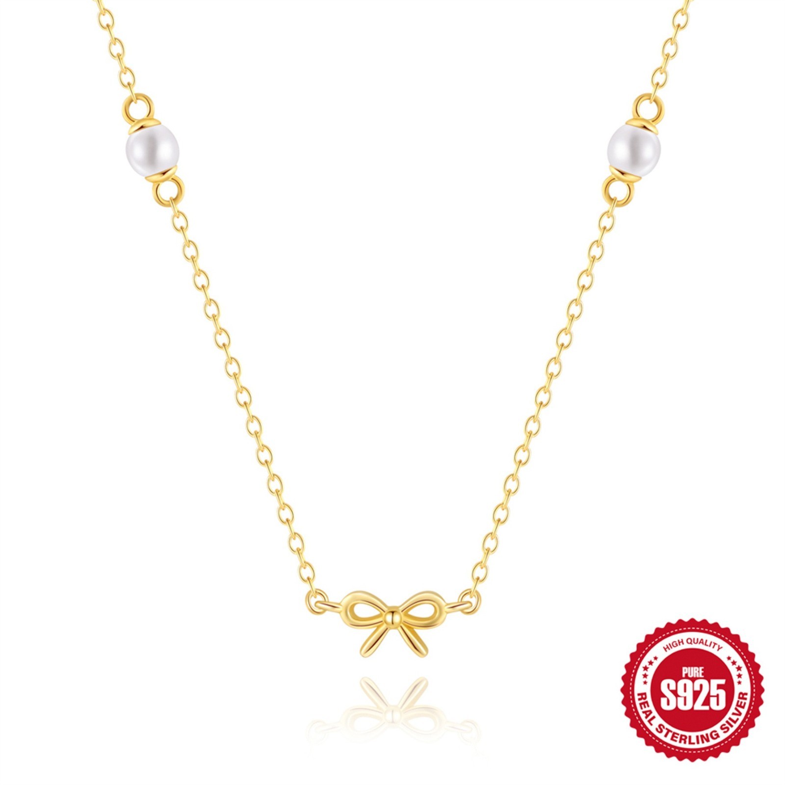 Gold Plated 925 Sterling Silver Faux Pearl Bow Pendant Necklace for Women