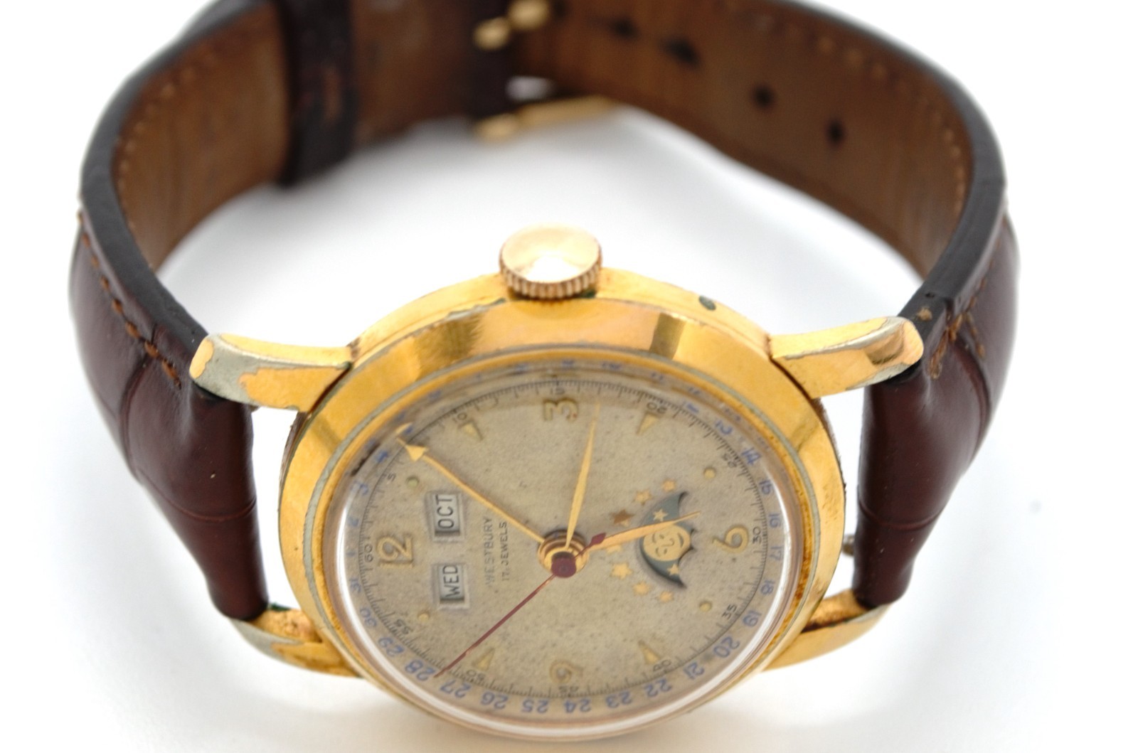 Vintage Westbury Triple Date Calendar Moon phase Manual Watch 34mm Gold Plated