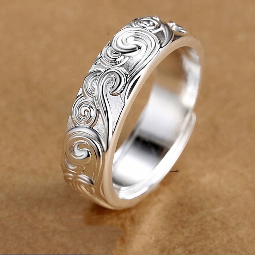 Pure 999 Fine Silver Band Lucky Men Women Gift Carved Auspicious Cloud Ring 6.4g