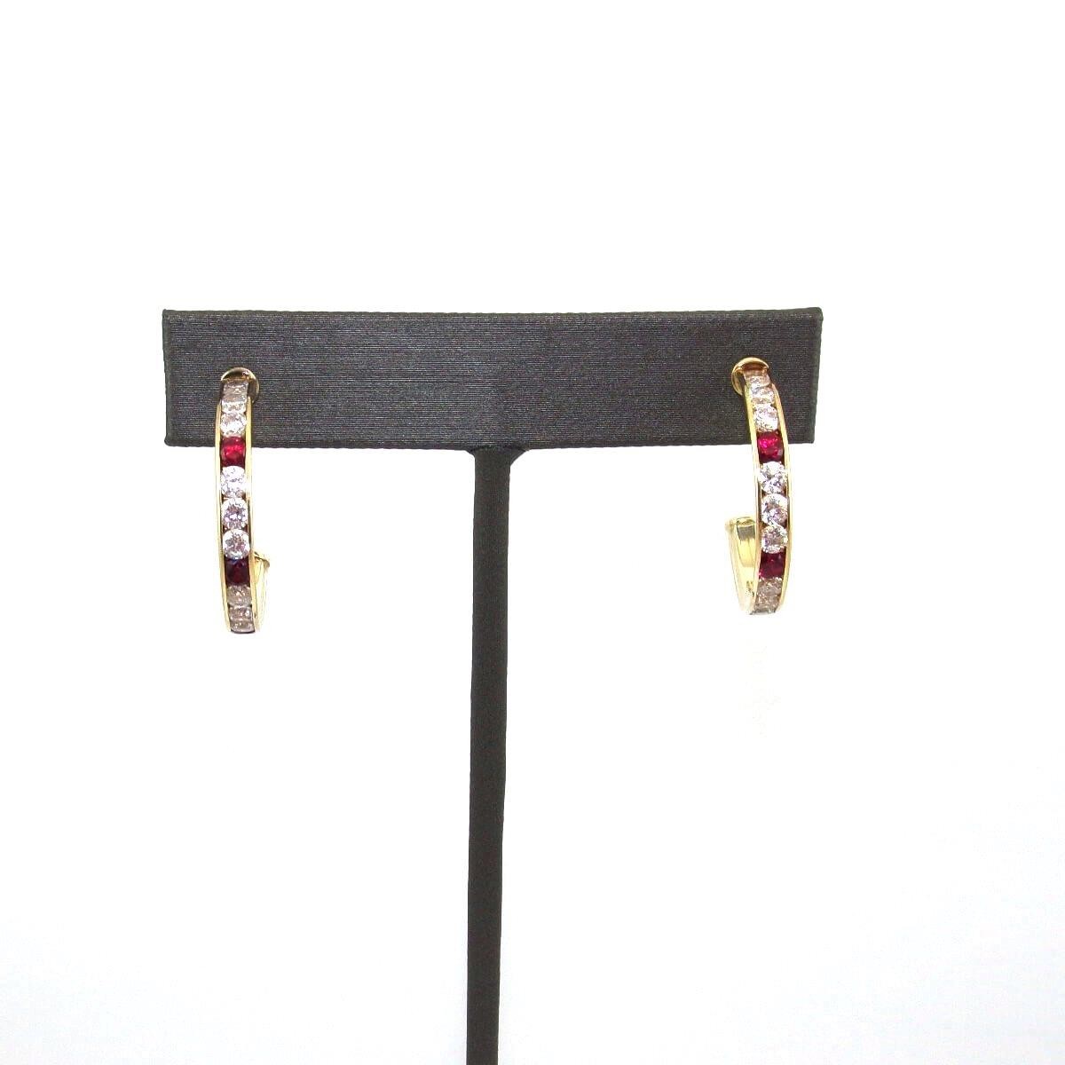 10K Yellow Gold Pink Ruby Clear CZ Hoop Earrings