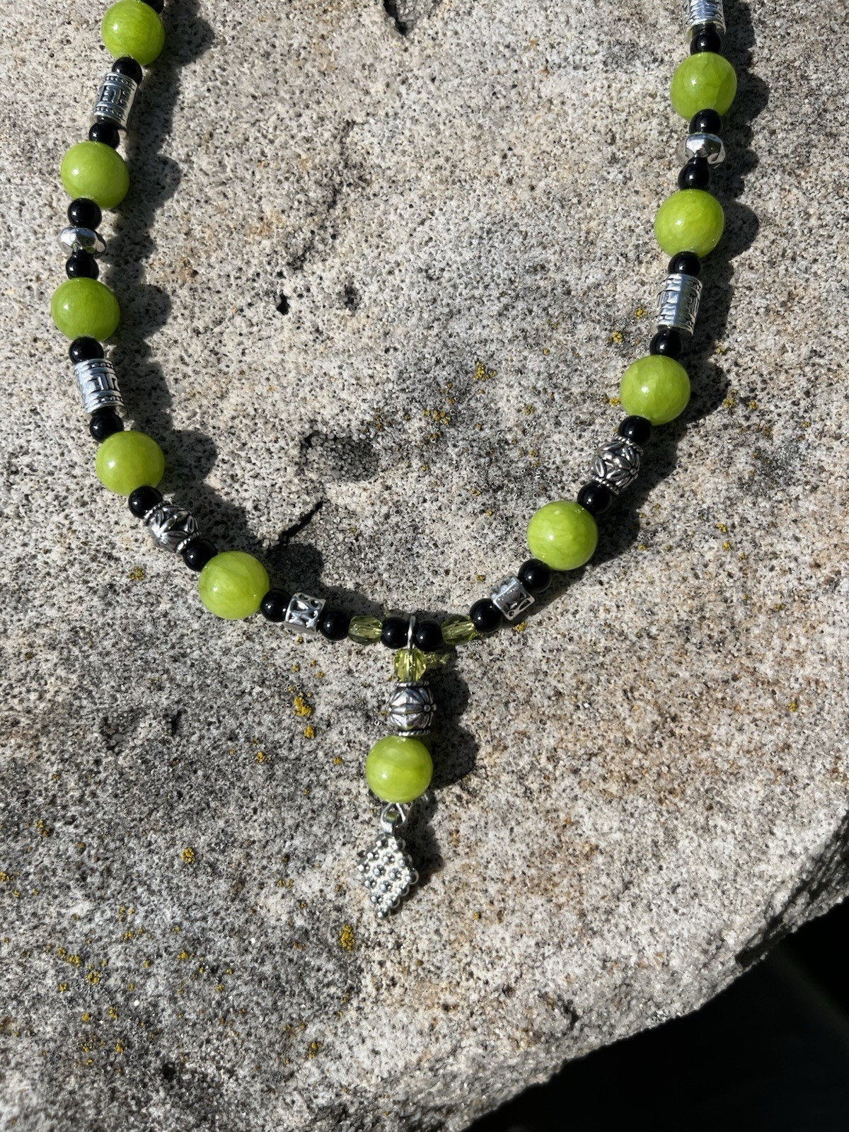 Genuine Lime Green Jade, Black Glass, Silver Accent Drop Necklace Handcrafted