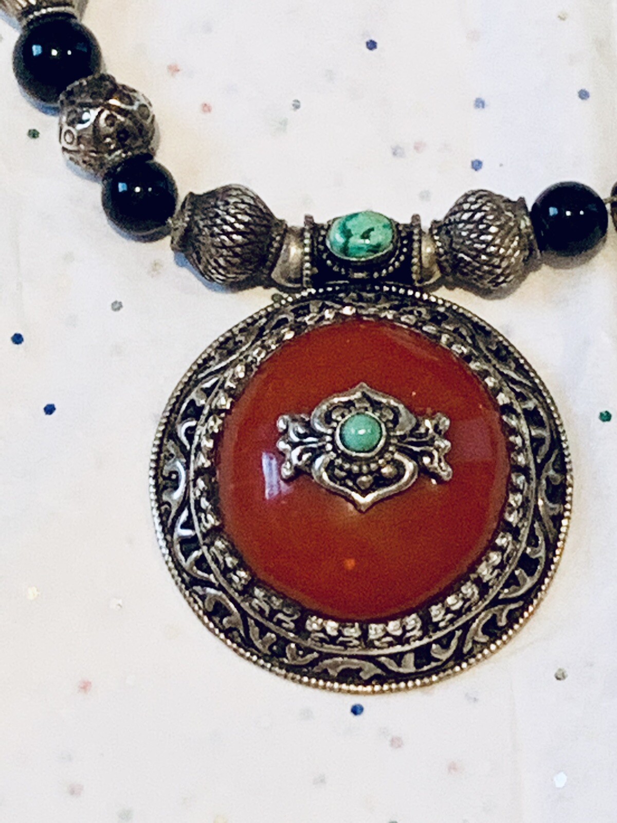 SALE! Antique Vintage Sterling Silver Turquoise Coral Onyx Beaded Necklace -140g