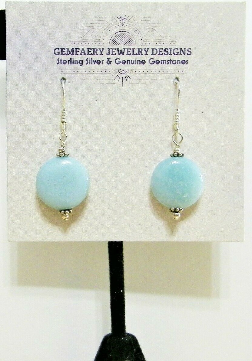 Sterling Silver Natural AMAZONITE Gemstone Disc Dangle Earrings…Handmade USA