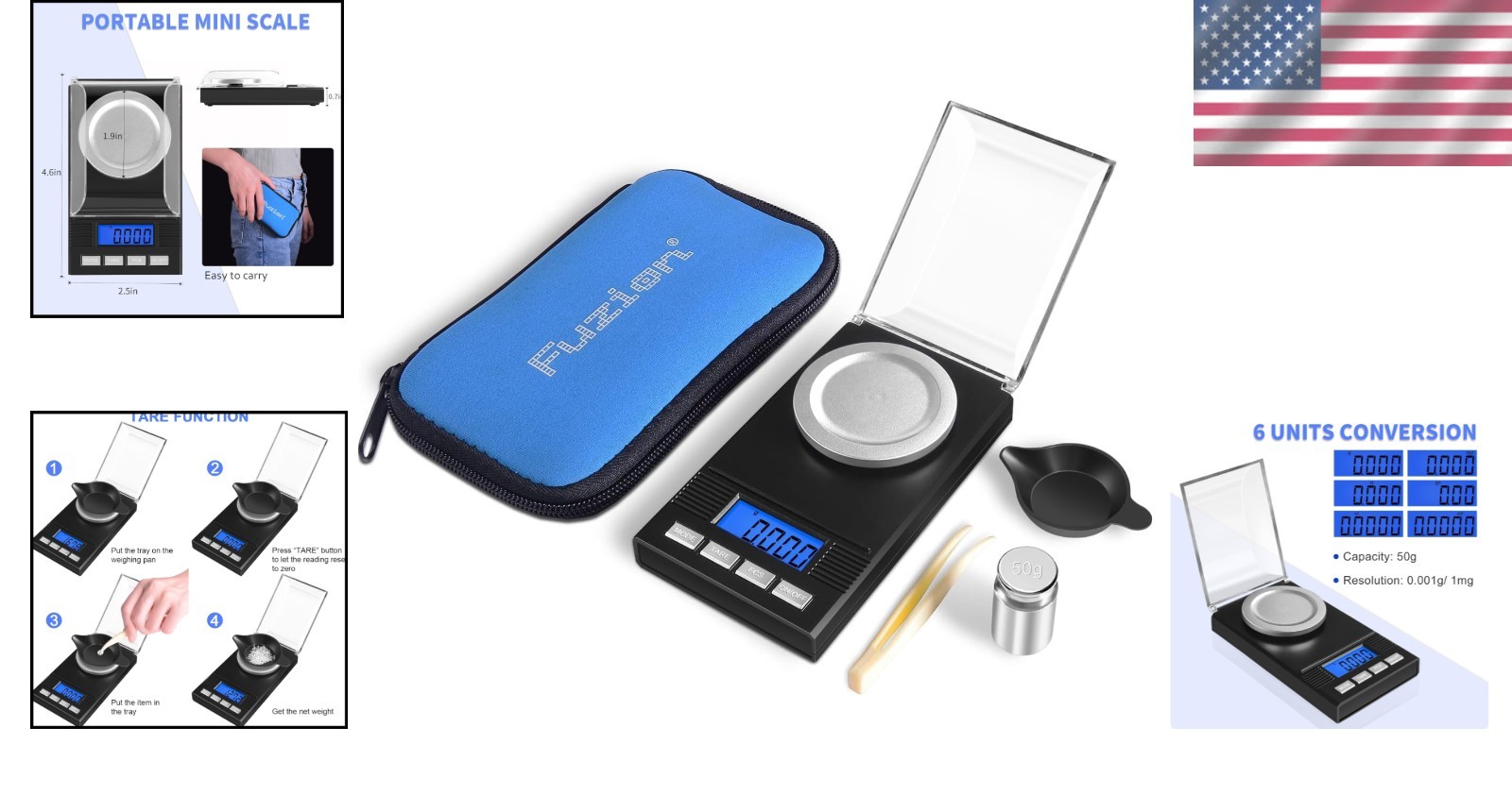 Lightweight 50g Milligram Scale with Tare Function & Calibration Kit Included