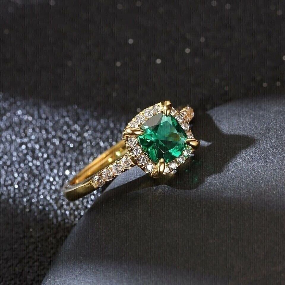 2.50Ct Cushion Cut Simulated Emerald Halo Engagement Ring 14K Yellow Gold Plated