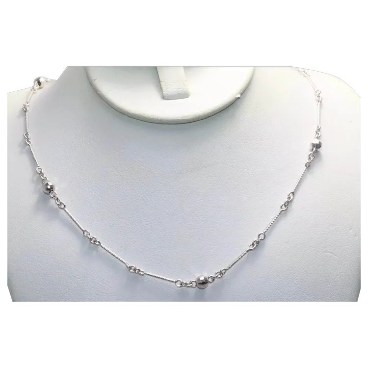 14KT White Gold Diamond Cut Ball Barrel Link Necklace