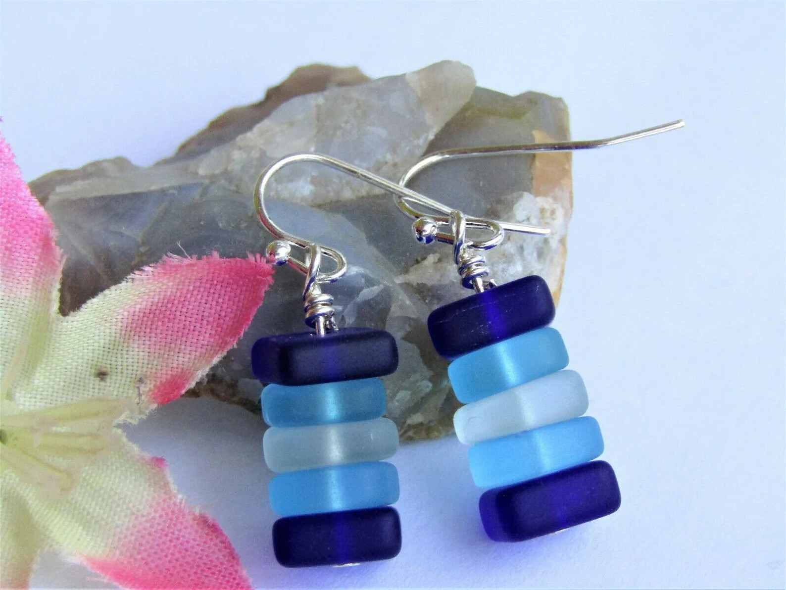 Stacked Blue & White Sea Glass Pebble Earrings Silver Plated, Beach Lover