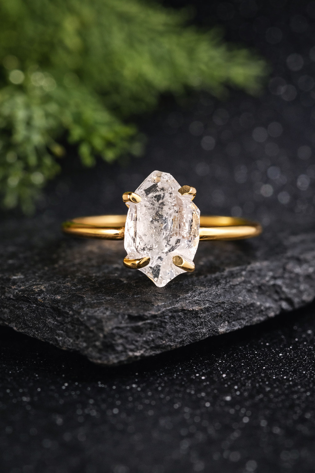 Natural Raw Herkimer Diamond Crystal 14k Gold Ring | Handmade Boho Jewelry