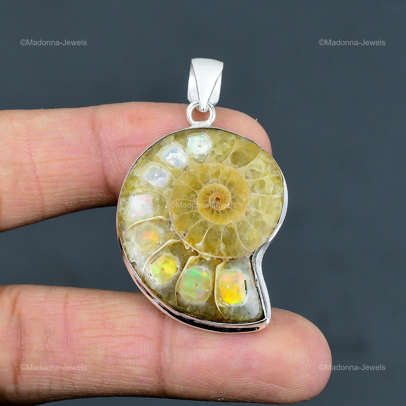 Natural Ethiopian Opal In Ammonite Fossil 925 Sterling Silver Daughter Pendant