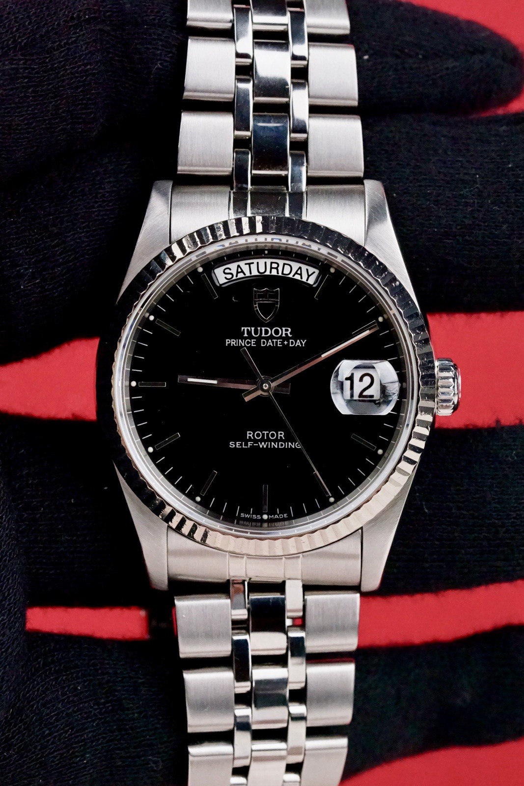 Tudor Prince Date + Day 36mm #76214 Black Enamel Dial 18K W Gold Bezel- Clean!