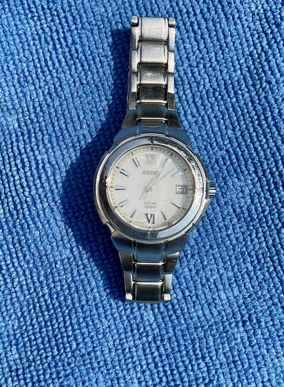 Seiko Solar Watch Womens Cream Dial Date 100M Stainless Steel Bracelet 120476