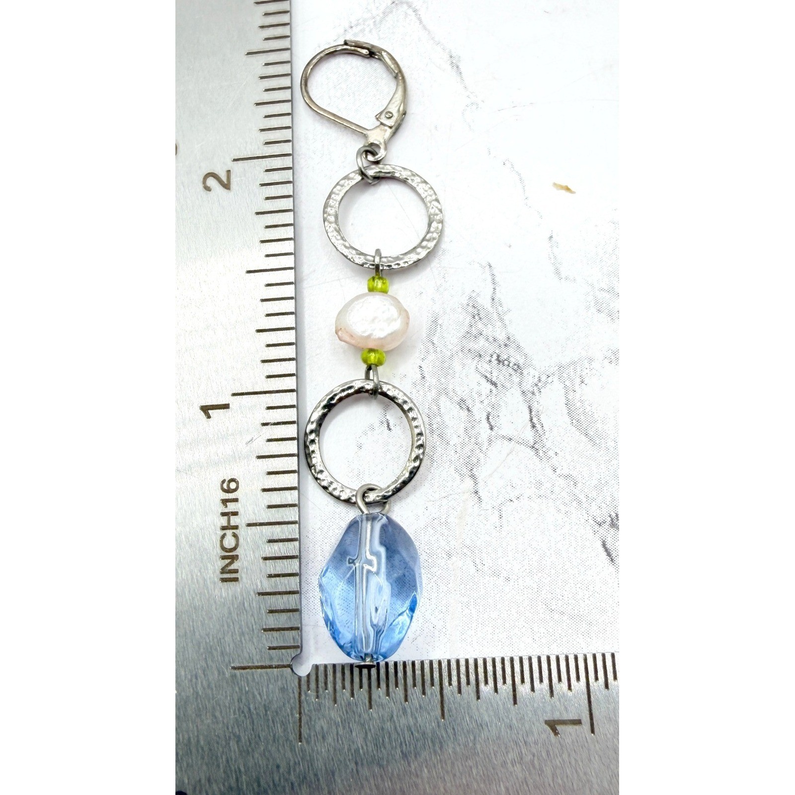 Blue Glass Pearl Dangle Earrings Hammered Silver Tone 2.5″ Watch Video