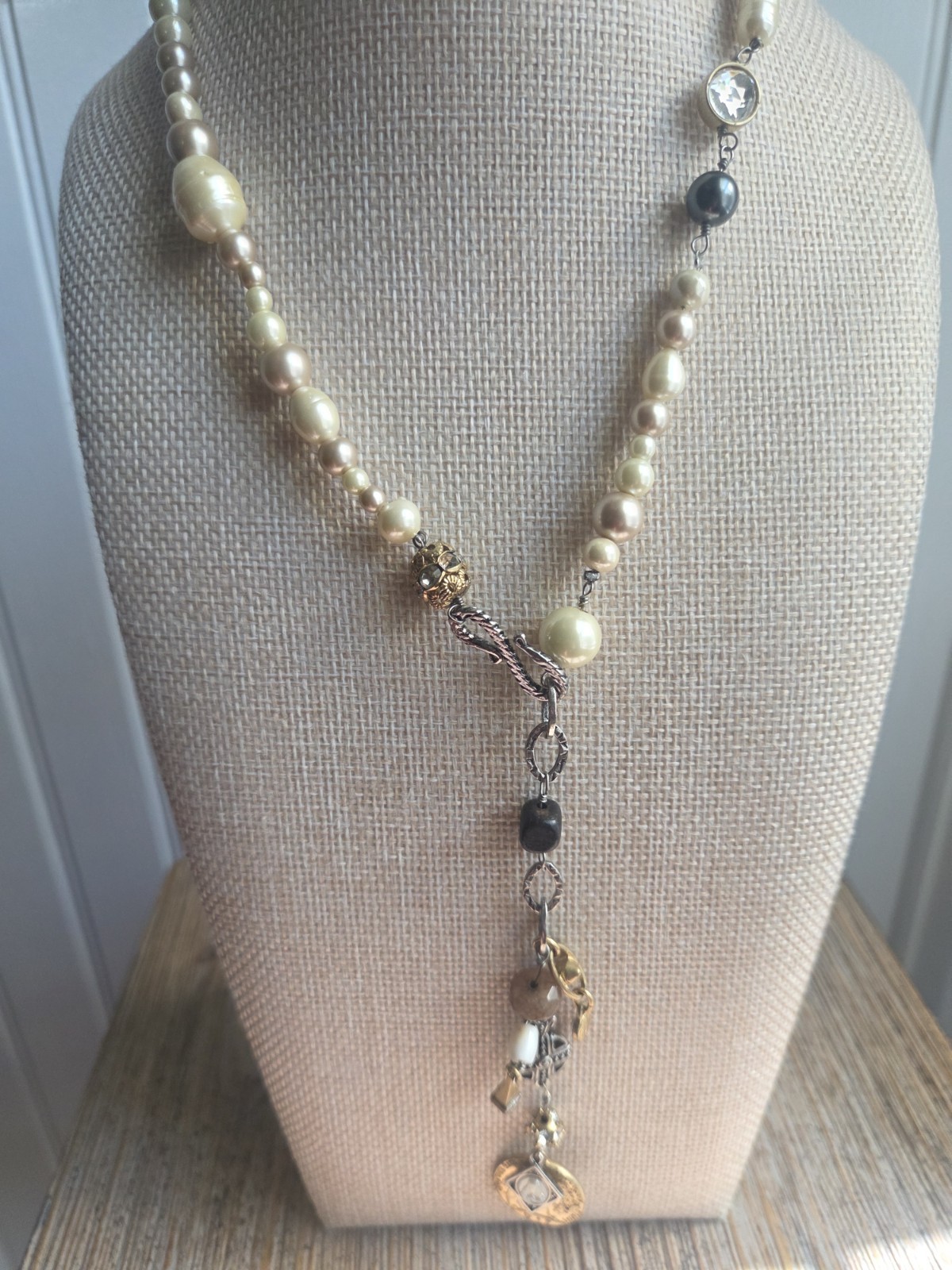 Cabi #2147 Treasure Necklace Mixed Media Pearls Charms Gold Silver Boho Chic