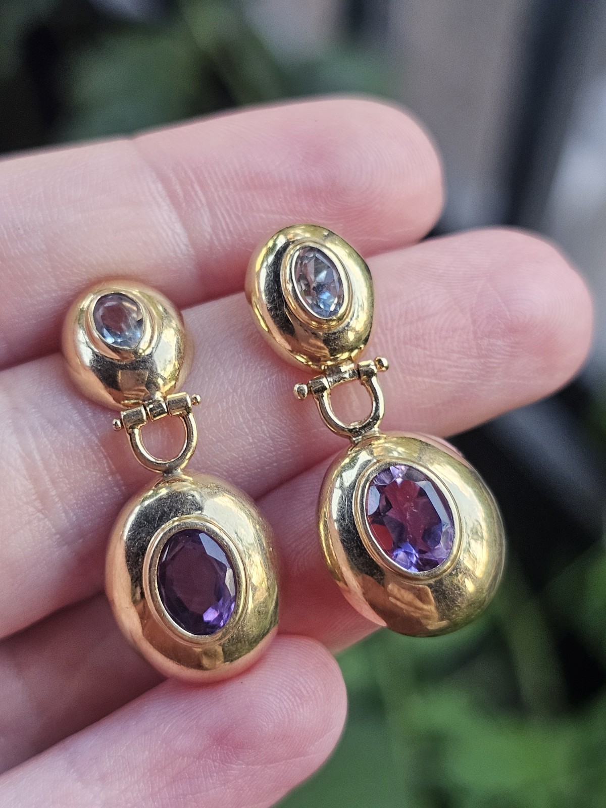 Vintage 14k Yellow Gold Purple Blue Gemstone Doorknocker Postback Earrings 3g