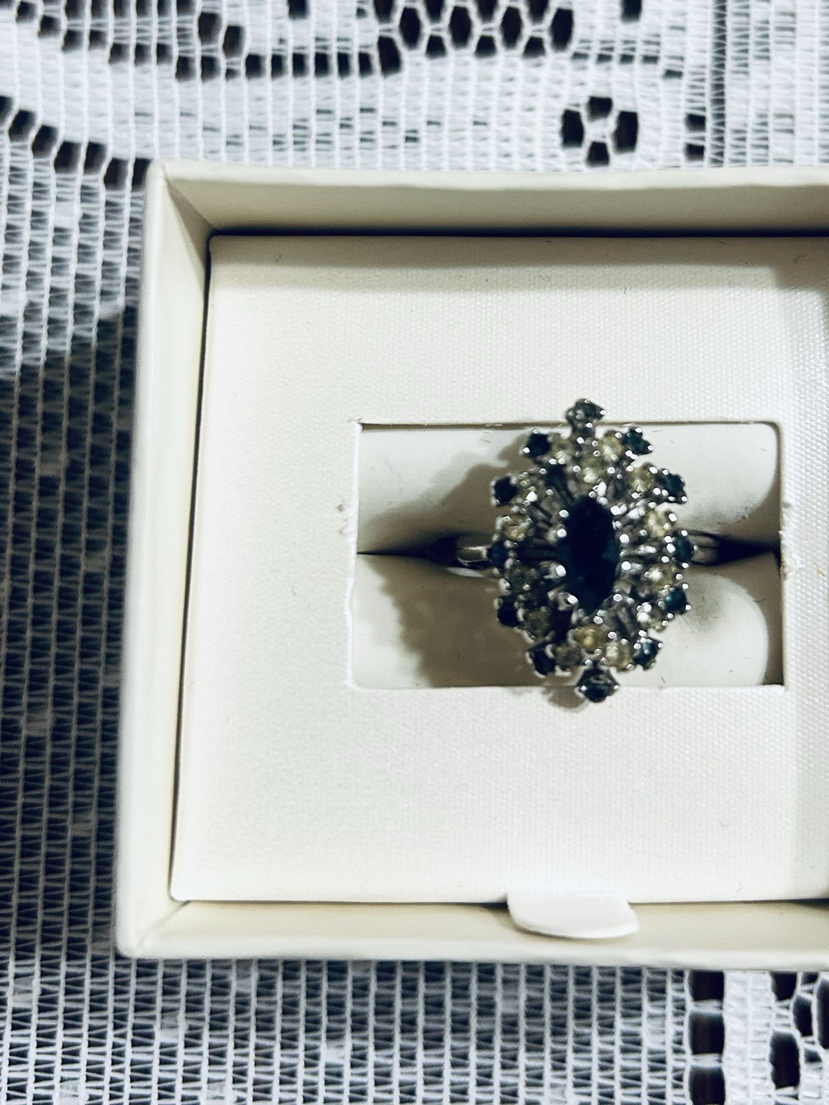 Vintage Art Deco Style Marquise Cut Blue Sapphire and rhinestones 18 kHGE Sz8