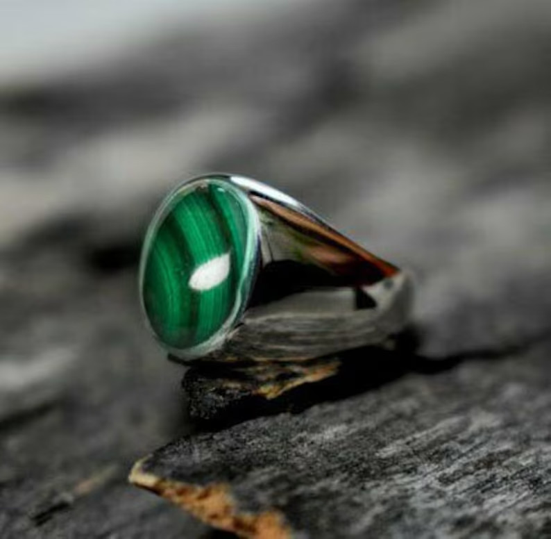 Solid 925 Sterling Silver AA Natural Green Malachite Gemstone Men’s Unisex Ring
