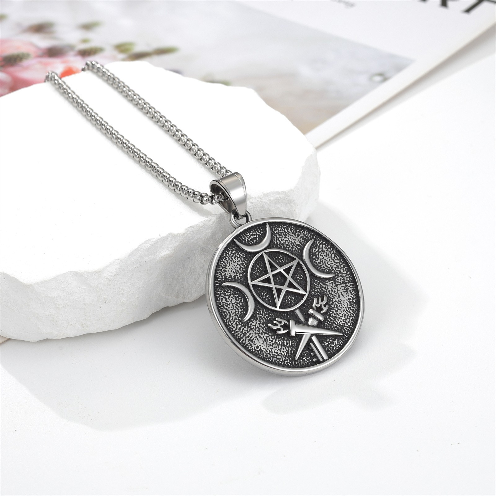 Men Hecate Triple Goddess Moon Coin Pendant Necklace Greek Mythology Jewelry