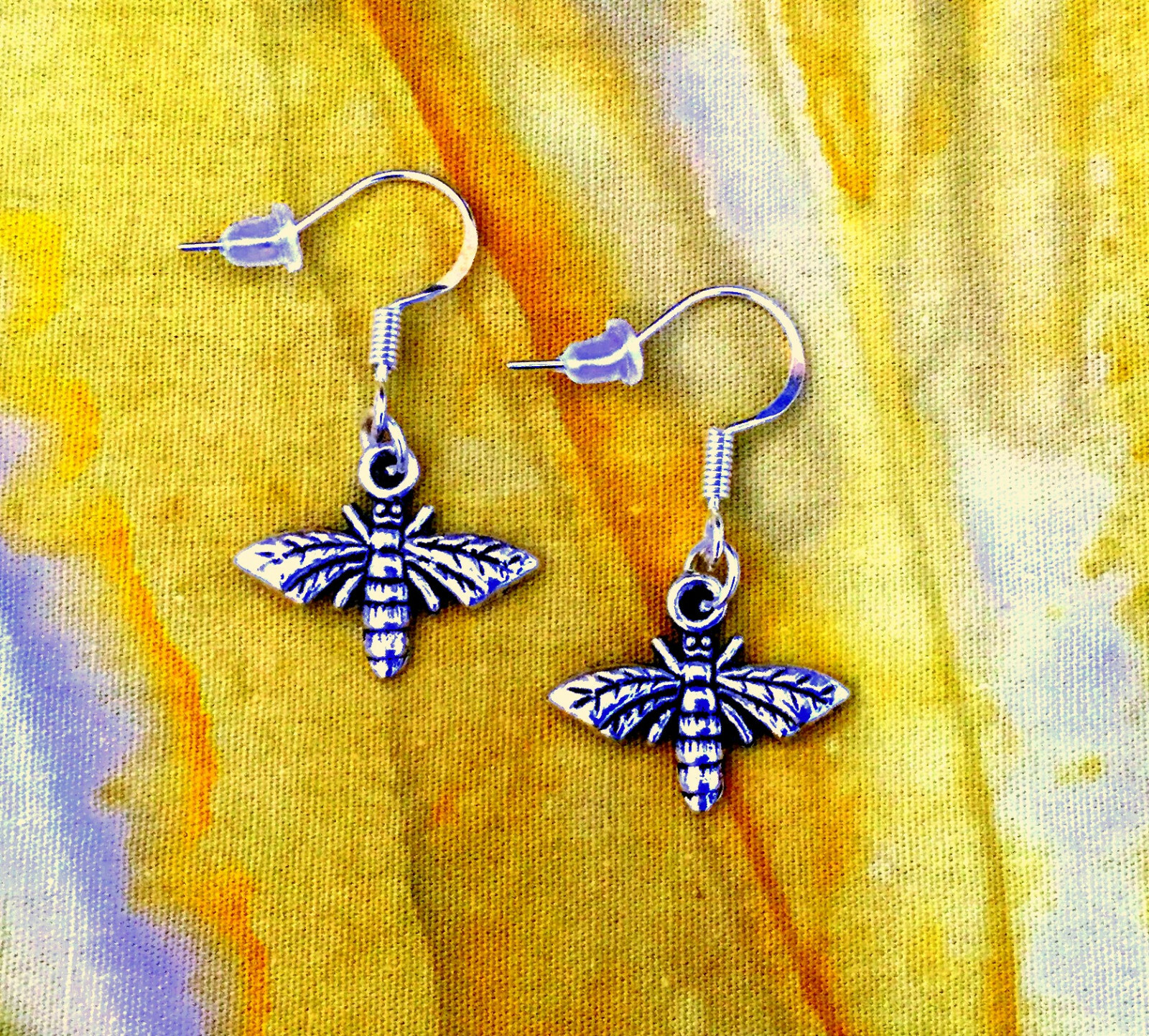 BUY 2 GET 1 FREE~HONEY BUMBLE BEE SMALL INSECT SILVER EARRINGS~925 STERLING HOOK
